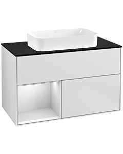 Villeroy und Boch Finion Waschtischunterschrank G242MTMT 100cm, Abdeckplatte black matt, Emotion, Regal links White matt lacquer, White matt lacquer