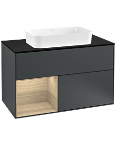 Villeroy und Boch Finion Waschtischunterschrank G242PCHG 100cm, Abdeckplatte black matt, Emotion, Regal links Oak Veneer, Midnight Blue Matt Lacquer