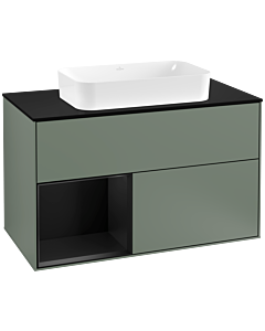 Villeroy und Boch Finion Waschtischunterschrank G242PDGM 100cm, Abdeckplatte black matt, Emotion, Regal links Black matt lacquer, Olive Matt Lacquer