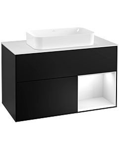 Villeroy und Boch Finion Villeroy und Boch G251GFPD 100cm, couvercle blanc mat, Emotion, étagère à droite laqué blanc brillant, laqué noir mat