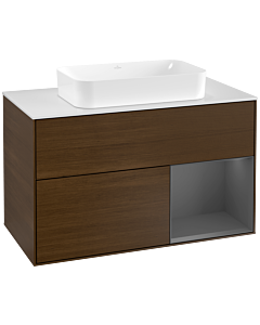 Villeroy und Boch Finion Waschtischunterschrank G251GKGN 100cm, Abdeckplatte white matt, Emotion, Regal rechts Anthracite matt, Walnut veneer