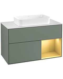 Villeroy und Boch Finion Villeroy und Boch G251HFGM 100cm, plaque de recouvrement blanc mat, Emotion, étagère droite or mat, Olive Matt Lacquer