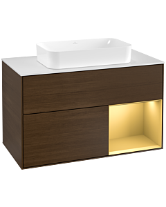 Villeroy und Boch Finion Waschtischunterschrank G251HFGN 100cm, Abdeckplatte white matt, Emotion, Regal rechts Gold matt, Walnut veneer