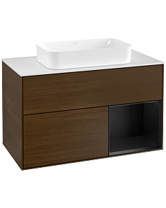 Villeroy und Boch Finion Waschtischunterschrank G251PDGN 100cm, Abdeckplatte white matt, Emotion, Regal rechts Black matt lacquer, Walnut veneer