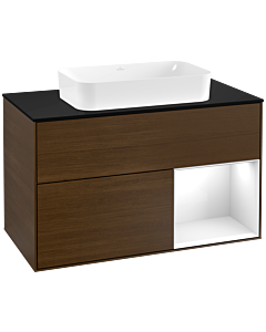 Villeroy und Boch Finion Villeroy und Boch Finion G252GFGN 100cm, cover plate black matt, Emotion, shelf on the right Glossy white lacquer, walnut veneer
