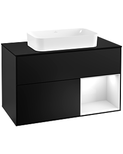 Villeroy und Boch Finion Villeroy und Boch G252GFPD 100cm, plaque de finition noir mat, Emotion, étagère à droite laqué blanc brillant, laqué noir mat