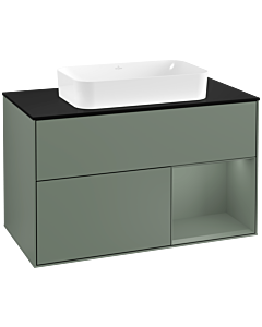 Villeroy und Boch Finion Waschtischunterschrank G252GMGM 100cm, Abdeckplatte black matt, Emotion, Regal rechts Olive Matt Lacquer, Olive Matt Lacquer