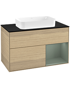 Villeroy und Boch Finion Waschtischunterschrank G252GMPC 100cm, Abdeckplatte black matt, Emotion, Regal rechts Olive Matt Lacquer, Oak Veneer