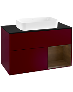 Villeroy und Boch Finion Waschtischunterschrank G252GNHB 100cm, Abdeckplatte black matt, Emotion, Regal rechts Walnut veneer, Peony Matt