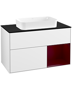 Villeroy und Boch Finion Waschtischunterschrank G252HBGF 100cm, Abdeckplatte black matt, Emotion, Regal rechts Peony, Glossy white lacquer