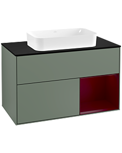 Villeroy und Boch Finion Waschtischunterschrank G252HBGM 100cm, Abdeckplatte black matt, Emotion, Regal rechts Peony, Olive Matt Lacquer