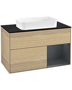 Villeroy und Boch Finion Waschtischunterschrank G252HGPC 100cm, Abdeckplatte black matt, Emotion, Regal rechts Midnight Blue Matt Lacquer, Oak Veneer