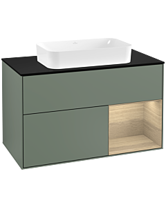 Villeroy und Boch Finion Waschtischunterschrank G252PCGM 100cm, Abdeckplatte black matt, Emotion, Regal rechts Oak Veneer, Olive Matt Lacquer