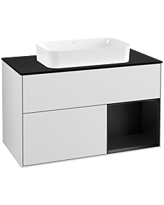 Villeroy und Boch Finion Waschtischunterschrank G252PDMT 100cm, Abdeckplatte black matt, Emotion, Regal rechts Black matt lacquer, White matt lacquer