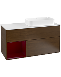 Villeroy und Boch Finion Waschtischunterschrank G271HBGN 120cm, Abdeckplatte white matt, Emotion, Regal links Peony, Walnut veneer