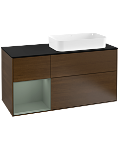 Villeroy und Boch Finion Waschtischunterschrank G272GMGN 120cm, Abdeckplatte black matt, Emotion, Regal links Olive Matt Lacquer, Walnut veneer