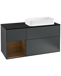 Villeroy und Boch Finion Waschtischunterschrank G272GNHG 120cm, Abdeckplatte black matt, Emotion, Regal links Walnut veneer, Midnight Blue Matt Lacquer