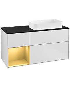 Villeroy und Boch Finion Waschtischunterschrank G272HFMT 120cm, Abdeckplatte black matt, Emotion, Regal links Gold matt, White matt lacquer
