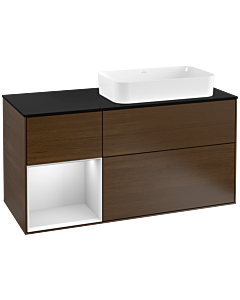 Villeroy und Boch Finion Waschtischunterschrank G272MTGN 120cm, Abdeckplatte black matt, Emotion, Regal links White matt lacquer, Walnut veneer