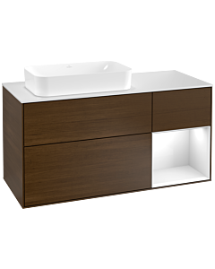 Villeroy und Boch Finion Waschtischunterschrank G281GFGN 120cm, Abdeckplatte white matt, Emotion, Regal rechts Glossy white lacquer, Walnut veneer