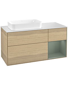 Villeroy und Boch Finion Waschtischunterschrank G281GMPC 120cm, Abdeckplatte white matt, Emotion, Regal rechts Olive Matt Lacquer, Oak Veneer