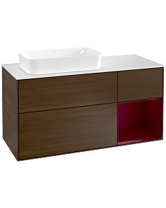 Villeroy und Boch Finion Waschtischunterschrank G281HBGN 120cm, Abdeckplatte white matt, Emotion, Regal rechts Peony, Walnut veneer