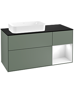 Villeroy und Boch Finion Waschtischunterschrank G282GFGM 120cm, Abdeckplatte black matt, Emotion, Regal rechts Glossy white lacquer, Olive Matt Lacquer