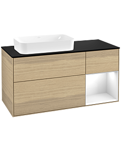Villeroy und Boch Finion Villeroy und Boch Finion G282GFPC 120cm, cover plate black matt, Emotion, shelf on the right Glossy white lacquer, Oak Veneer