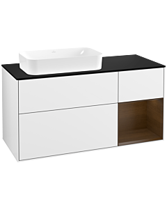 Villeroy und Boch Finion Villeroy und Boch G282GNGF 120cm, plaque de finition noir mat, Emotion, étagère à droite placage noyer, laqué blanc brillant