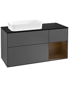 Villeroy und Boch Finion Waschtischunterschrank G282GNGK 120cm, Abdeckplatte black matt, Emotion, Regal rechts Walnut veneer, Anthracite matt