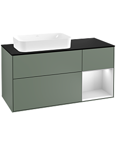 Villeroy und Boch Finion Waschtischunterschrank G282MTGM 120cm, Abdeckplatte black matt, Emotion, Regal rechts White matt lacquer, Olive Matt Lacquer