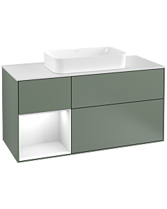 Villeroy und Boch Finion Villeroy und Boch G291GFGM 120cm, plaque de finition blanc mat, emotion, étagère gauche laqué blanc brillant, Olive Matt Lacquer