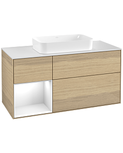 Villeroy und Boch Finion Waschtischunterschrank G291GFPC 120cm, Abdeckplatte white matt, Emotion, Regal links Glossy white lacquer, Oak Veneer