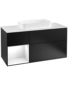 Villeroy und Boch Finion Villeroy und Boch G291GFPD 120cm, plaque de recouvrement blanc mat, Emotion, étagère gauche laqué blanc brillant, laqué noir mat