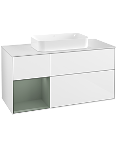 Villeroy und Boch Finion Waschtischunterschrank G291GMGF 120cm, Abdeckplatte white matt, Emotion, Regal links Olive Matt Lacquer, Glossy white lacquer