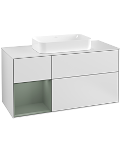 Villeroy und Boch Finion Waschtischunterschrank G291GMMT 120cm, Abdeckplatte white matt, Emotion, Regal links Olive Matt Lacquer, White matt lacquer