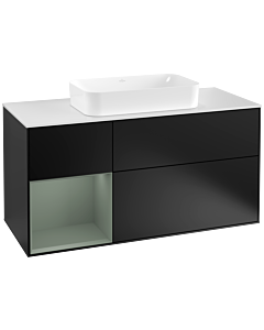 Villeroy und Boch Finion Waschtischunterschrank G291GMPD 120cm, Abdeckplatte white matt, Emotion, Regal links Olive Matt Lacquer, Black matt lacquer