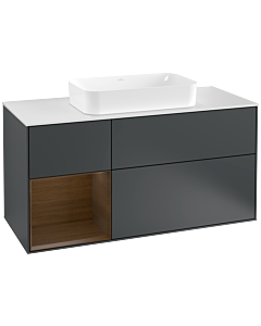 Villeroy und Boch Finion Waschtischunterschrank G291GNHG 120cm, Abdeckplatte white matt, Emotion, Regal links Walnut veneer, Midnight Blue Matt Lacquer