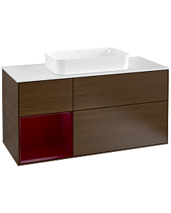 Villeroy und Boch Finion Waschtischunterschrank G291HBGN 120cm, Abdeckplatte white matt, Emotion, Regal links Peony, Walnut veneer