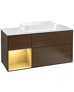 Villeroy und Boch Finion Waschtischunterschrank G291HFGN 120cm, Abdeckplatte white matt, Emotion, Regal links Gold matt, Walnut veneer