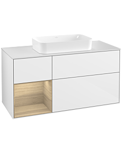 Villeroy und Boch Finion Waschtischunterschrank G291PCGF 120cm, Abdeckplatte white matt, Emotion, Regal links Oak Veneer, Glossy white lacquer