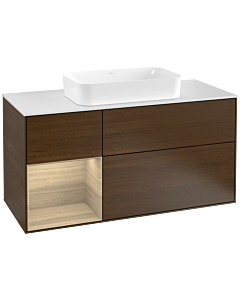 Villeroy und Boch Finion Waschtischunterschrank G291PCGN 120cm, Abdeckplatte white matt, Emotion, Regal links Oak Veneer, Walnut veneer