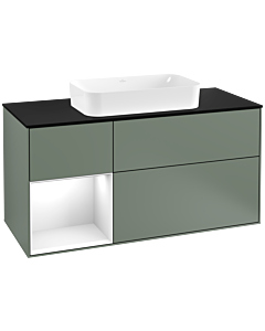 Villeroy und Boch Finion Waschtischunterschrank G292GFGM 120cm, Abdeckplatte black matt, Emotion, Regal links Glossy white lacquer, Olive Matt Lacquer