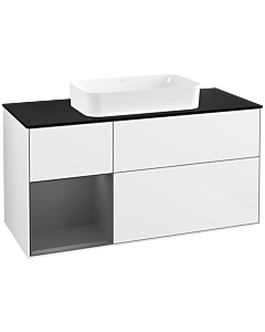 Villeroy und Boch Finion Waschtischunterschrank G292GKGF 120cm, Abdeckplatte black matt, Emotion, Regal links Anthracite matt, Glossy white lacquer