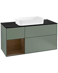 Villeroy und Boch Finion Waschtischunterschrank G292GNGM 120cm, Abdeckplatte black matt, Emotion, Regal links Walnut veneer, Olive Matt Lacquer