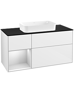 Villeroy und Boch Finion Waschtischunterschrank G292MTGF 120cm, Abdeckplatte black matt, Emotion, Regal links White matt lacquer, Glossy white lacquer