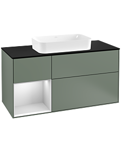 Villeroy und Boch Finion Waschtischunterschrank G292MTGM 120cm, Abdeckplatte black matt, Emotion, Regal links White matt lacquer, Olive Matt Lacquer