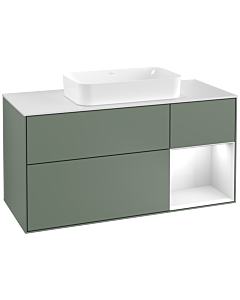 Villeroy und Boch Finion Waschtischunterschrank G301GFGM 120cm, Abdeckplatte white matt, Emotion, Regal rechts Glossy white lacquer, Olive Matt Lacquer