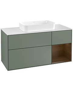 Villeroy und Boch Finion Waschtischunterschrank G301GNGM 120cm, Abdeckplatte white matt, Emotion, Regal rechts Walnut veneer, Olive Matt Lacquer