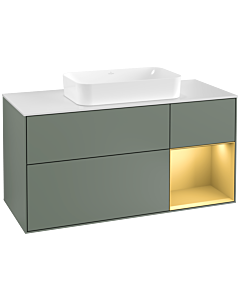 Villeroy und Boch Finion Waschtischunterschrank G301HFGM 120cm, Abdeckplatte white matt, Emotion, Regal rechts Gold matt, Olive Matt Lacquer